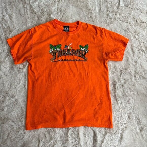 Thrasher Magazine bright orange unisex graphic tee with island theme - Picture 2 of 6